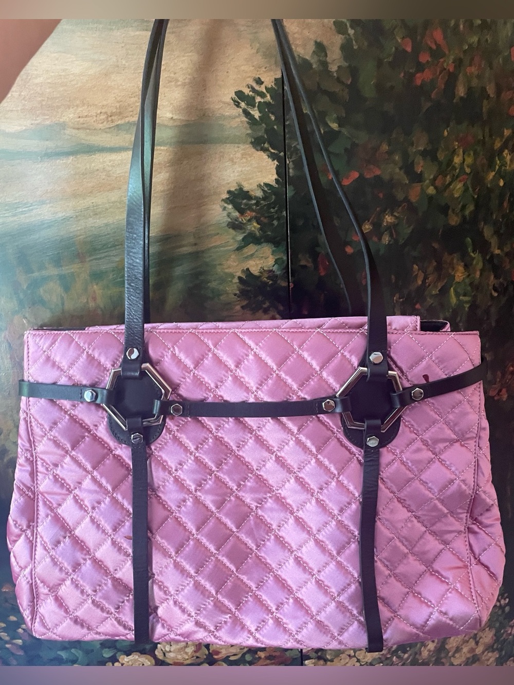 Hype Quilted Pink Tote Bag with Black Straps.